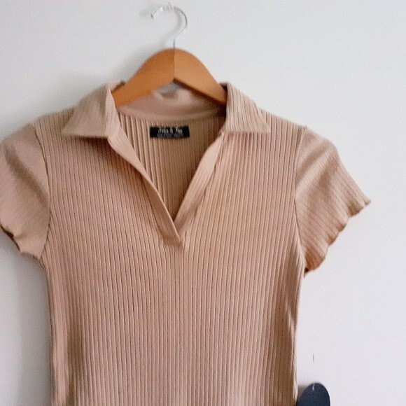 Jr. Jolie & Joy Tan Ribbed Stretchy Collared Fitted Shirt Mini Dress NWT Medium - Picture 5 of 9